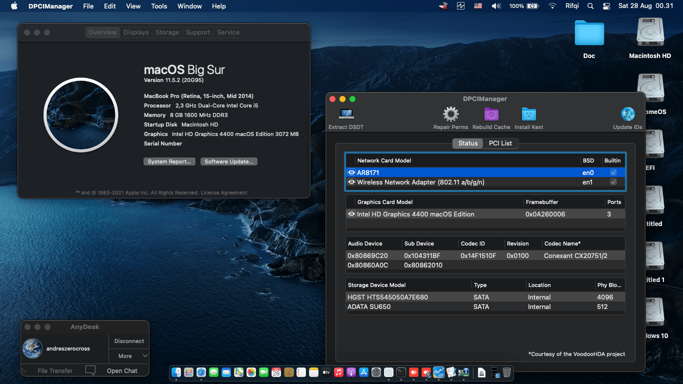 Success Hackintosh macOS Big Sur 11.5.2 Build 20G95 in Asus A450LC-WX051D